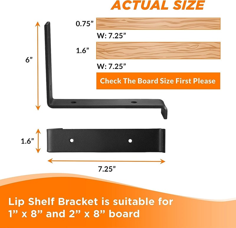 BATODA 8â€ Shelf Brackets with Lip (Match 7.25" Board) - 6 Pcs Z Shelf Bracket Black - Heavy Duty Hook Brackets for Shelves - Wall Mounted Support for DIY - Shelving Hardware Included (Pack 6) - Image 2